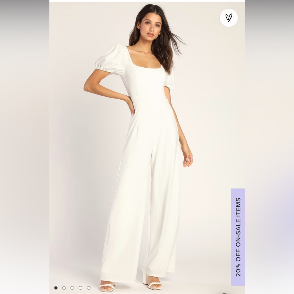White Puff Sleeve Lace-Up Wide-Leg Jumpsuit